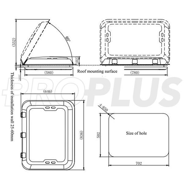 PATEUROPE Dachhaube 700x500 mm ohne Dauerlüftung mit LED transparent